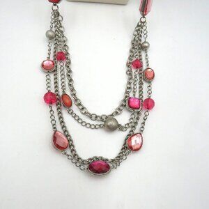 Multi Strand Layered Necklace Bib Coral Pink Faceted Beads 32" Silver Tone Chain